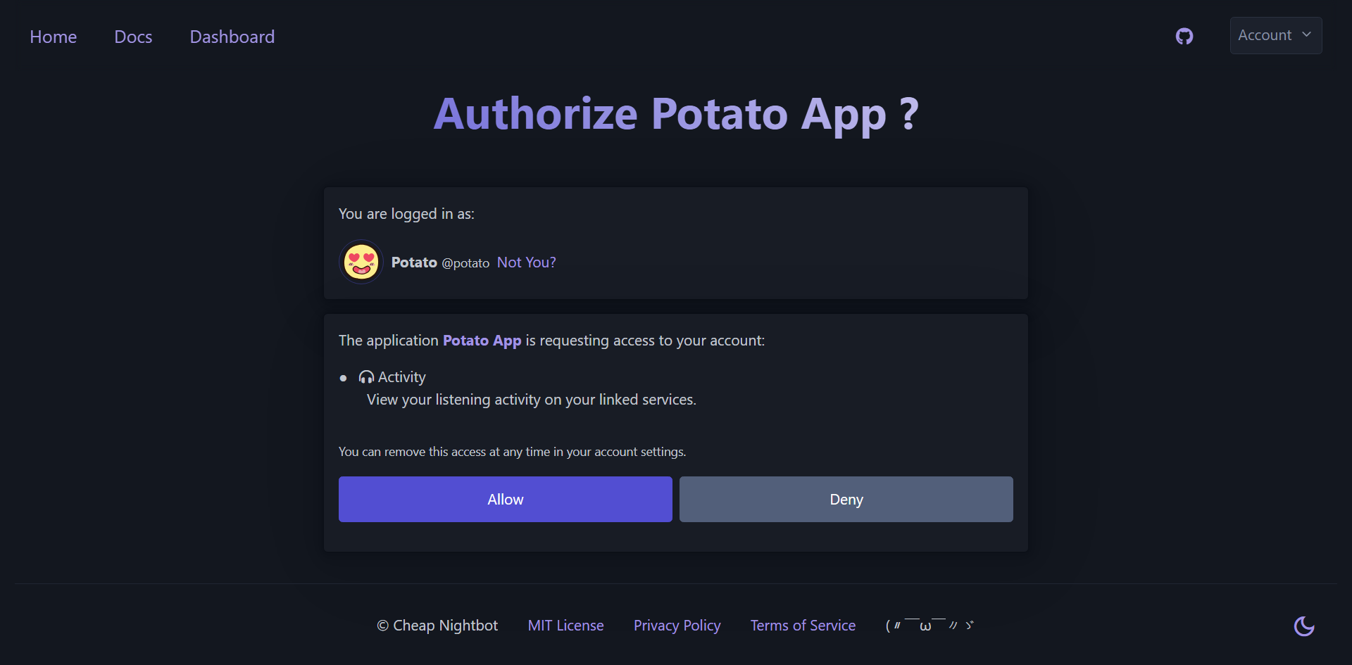 Authorize app page asking for user authorization